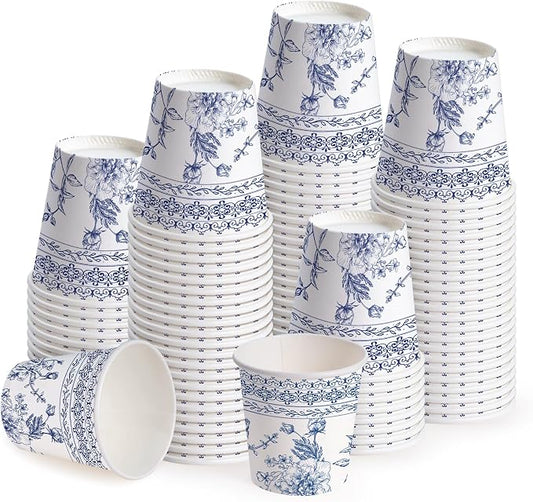WRAPAHOLIC 3oz Paper Cups - 100 Pack Disposable Bathroom Cups with Sketch Blue Floral Design, Small Mouthwash Cup for Toothbrush Rinse, Home Bathroom, Picnic, BBQ, Travel and Party