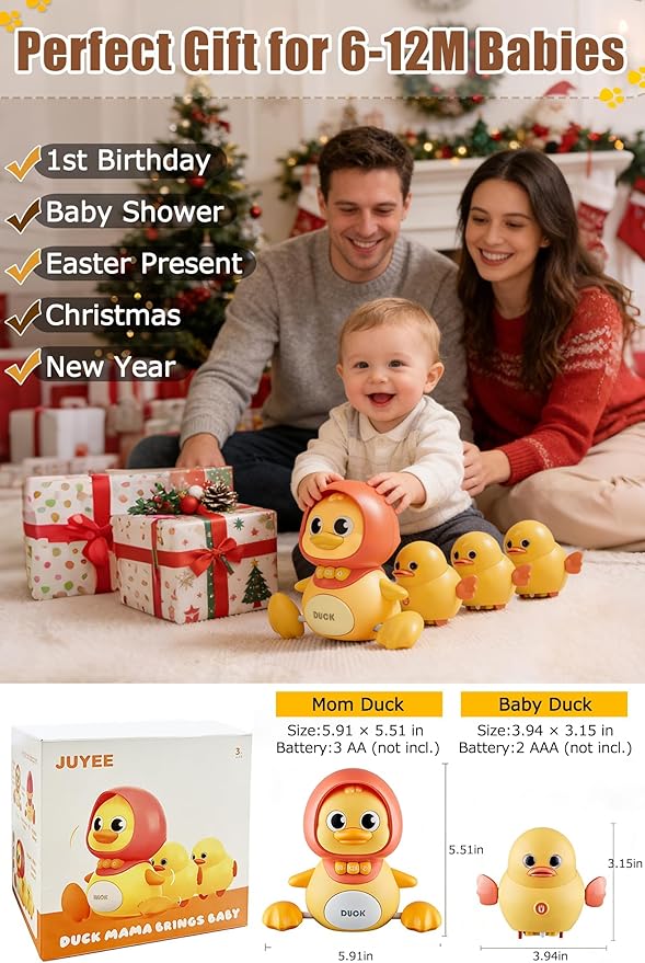 JUYEE Baby Crawling Toys Set of 3 - Magnetic Ducks Family for Infants 6-9-12 Months, Tummy Time Toys with Music & Lights, 1st Birthday Gift for Boys and Girls(3-Pack)
