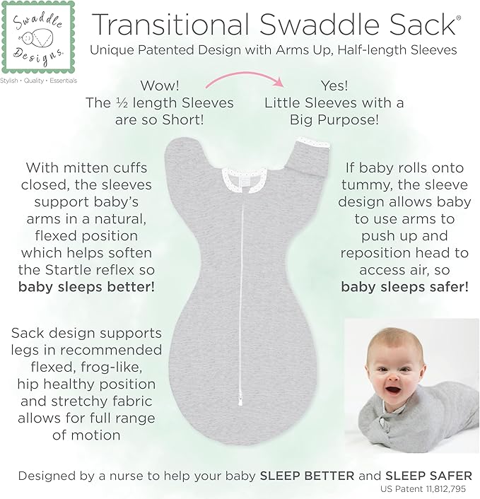 SwaddleDesigns Transitional Swaddle Sack, Arms Up Half-Length Sleeve Mitten Cuff, Most Gradual Transition Swaddle for Newborn