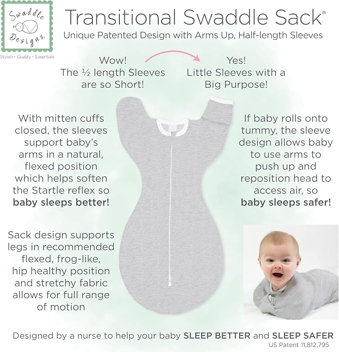 SwaddleDesigns Transitional Swaddle Sack, Arms Up Half-Length Sleeve Mitten Cuff, Most Gradual Transition Swaddle for Newborn