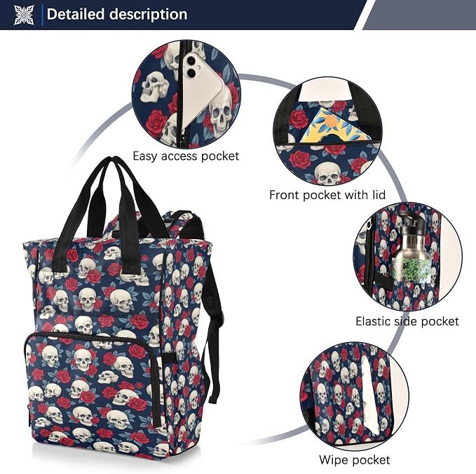 Tiny Skulls Red Roses Diaper Bag Insul Pockets Mom Dad