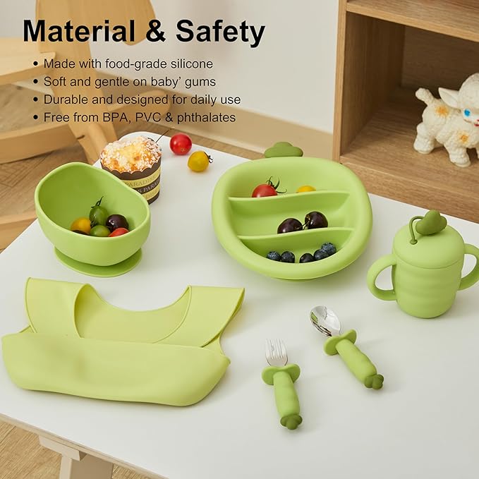 Silicone Baby Feeding Gift Set ??Suction Plate, Bowl, Training Cup, Fork, Spoon & Bib (6-Piece) (Green)