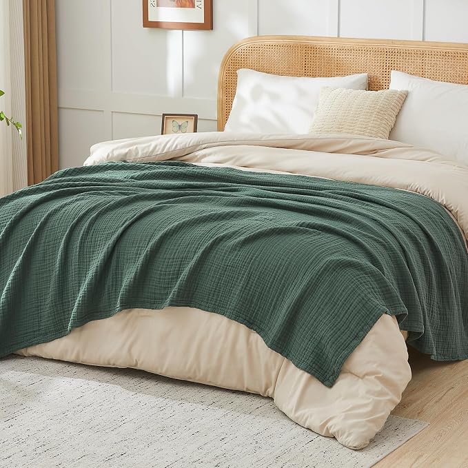 EMME Cotton Muslin Large Throw Blanket Couch Breathable Gauze Blanket Soft Lightweight Bed Blankets Adults (Forest Green, 50"x71")