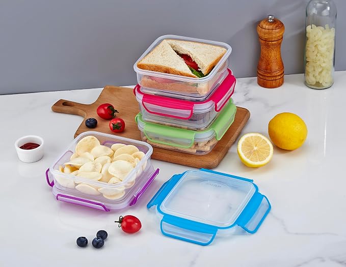 Snap Fresh - 4 Pack of Fun Size Leakproof Sandwich Containers - Reusable, BPA Free Sandwich Boxes. Airtight Seal. Also Great for Salads, Snacks, Fruit, Treats and Food Storage