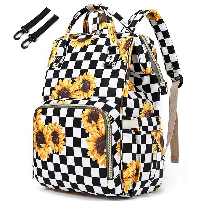 Sunflower Checkered Diaper Bag Backpack for Baby Girls, Mom Waterproof Large Nappy Bags for Women