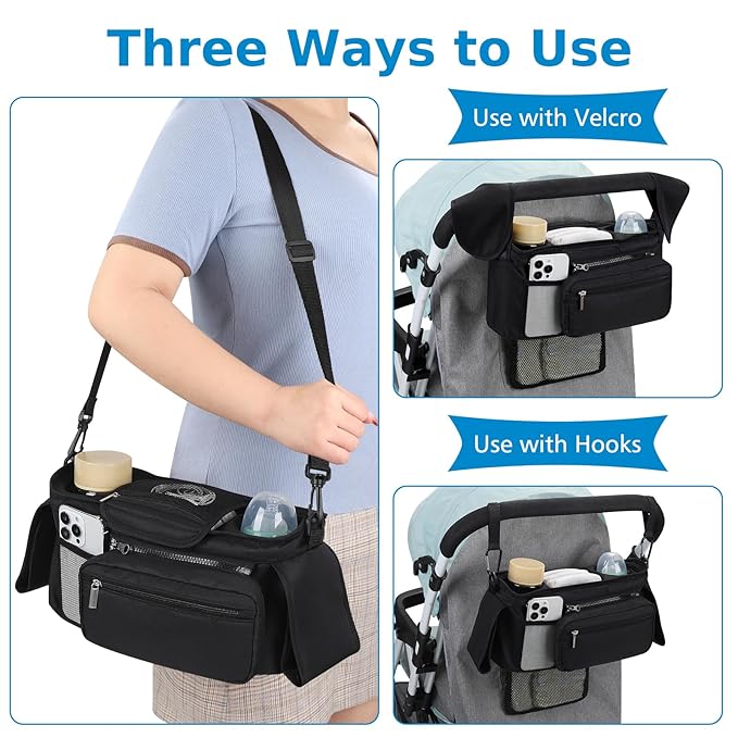 Accmor Universal Stroller Organizer with Insulated Cup Holder Detachable Phone Bag and Shoulder Strap,Stroller Bag Caddy Organizer Fits for Uppababy, Baby Jogger, Britax Strollers