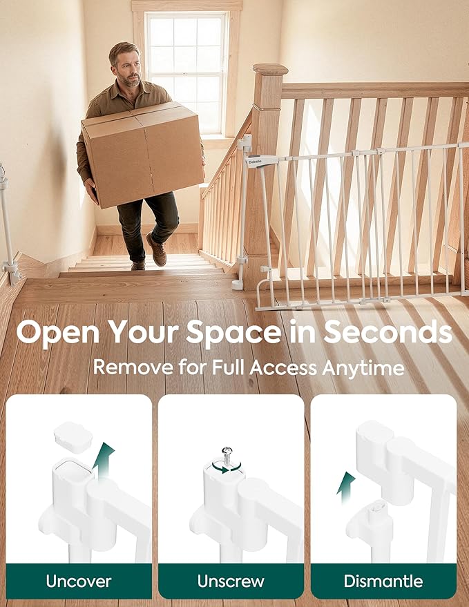 Babelio Removable & No Bottom Bar Baby Gate, 29-43", 36" H Hardware Mounted (Drill Needed)| Wide Walk-Thru| Auto-Close Safety Dog/Pet Gate for Stairs & Doorways (White, 29-43" W, 36" H)