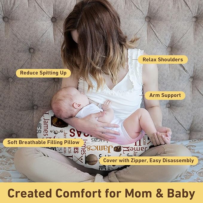 Dyoart Baby Nursing Pillow Cover, Custom Breastfeeding Bottle Pillow Slipcover, Personalized Gift for Infant Boys Girls,Baseball Pattern, Ultra Soft Comfortable(one Size)