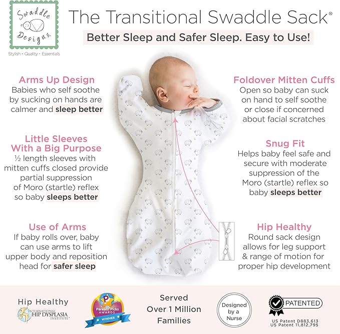 SwaddleDesigns Transitional Swaddle Sack, Arms Up Half-Length Sleeve Mitten Cuff, Most Gradual Transition Swaddle for Newborn