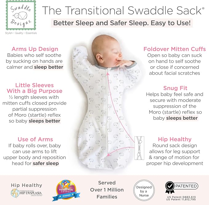 SwaddleDesigns Transitional Swaddle Sack, Arms Up Half-Length Sleeve Mitten Cuff, Most Gradual Transition Swaddle for Newborn