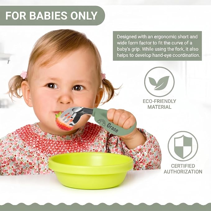 Personalized Baby Self-Feeding Utensils Set - Custom Engraved Name Toddler Spoon and Fork, Food-Grade Silicone Easy-Grip Triangular Handle Infant Training Cutlery for 6 Months+