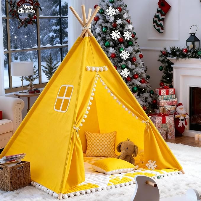2 Pack Teepee Tent for Kids, Children Play Tents for Girls & Boys Slumber Party, Cotton Linen Playhouse Sleepover Tent with Pompom & Lights