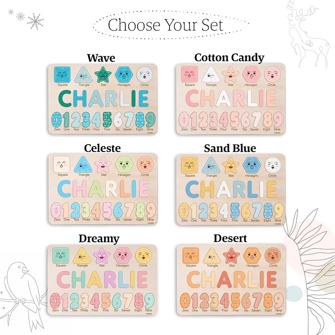 Wooden Name Puzzle Personalized with Numbers & Shapes for Kids 1-3 | 11 Color Themes | Handmade Montessori Toy, Keepsake Decor & Ideal 1st Birthday Gift