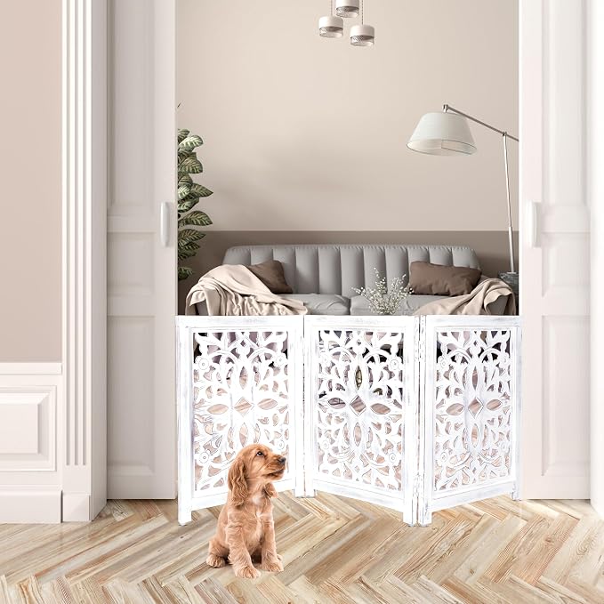 Lightnpro Foldable Carved Wooden Dog Gate - Freestanding 3-Panel Pet Barrier for Dogs - Decorative Walk-Over Fence for Stairs, Doorways & Hallways - Portable & Adjustable - Antique White (24x18 Inch)