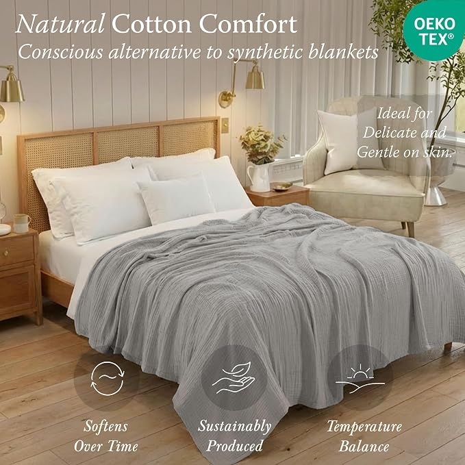 Threadmill Queen size blanket| 4 Layer Cotton Gauze Blankets | Pre Washed, Lightweight, Breathable, and Cozy for All Seasons | Versatile Muslin Blanket for Couch, Bed, or Outdoor Picnic Use|Light Grey