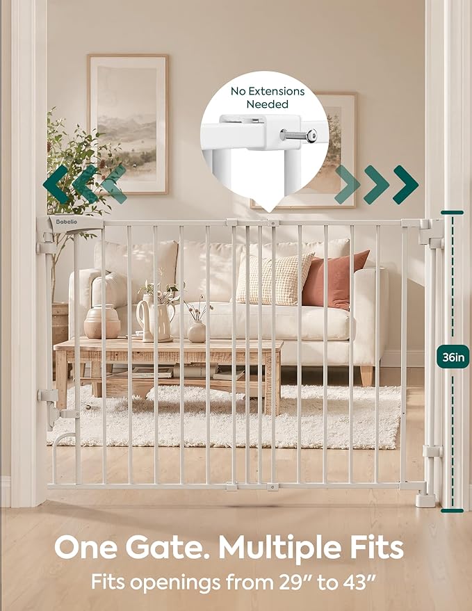 Babelio Removable & No Bottom Bar Baby Gate, 29-43", 36" H Hardware Mounted (Drill Needed)| Wide Walk-Thru| Auto-Close Safety Dog/Pet Gate for Stairs & Doorways (White, 29-43" W, 36" H)