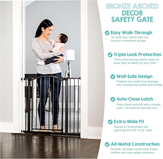 Regalo Safety 30-35??Extra Wide Baby Gate for Doorways & Bottom of Stairs, Pressure Mounted Walk-Through Gate for Babies, Toddlers & Pets, Bronze