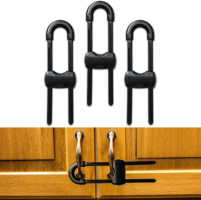 Cabinet Locks Baby Proofing U-Shaped Child Locks for Cabinets Latches Adjustable (Black,1 Pack of 4)