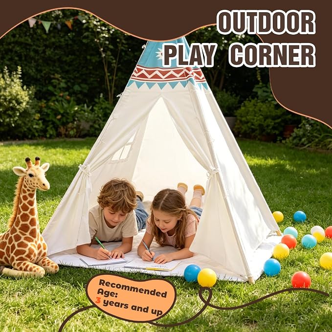 RONGFA Teepee Tent for Kids, 100% Cotton Play Tent with Mat, Kids Teepee Tent with Colored Flag, Quality Portable Play Tent with Carry Bag for Girls and Boys Indoor Outdoor (Beige Blue with Mat)