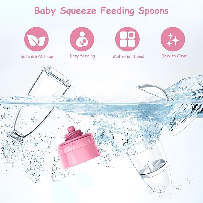 WAJIAYON Baby Food Feeder 4 Pack Silicone Baby Food Dispensing Spoon-3 oz Squeeze Feeding Spoons with Suction Cup for Boys Girl Kids Toddlers - Self Feeding Bottle Spoon-Peach Pink