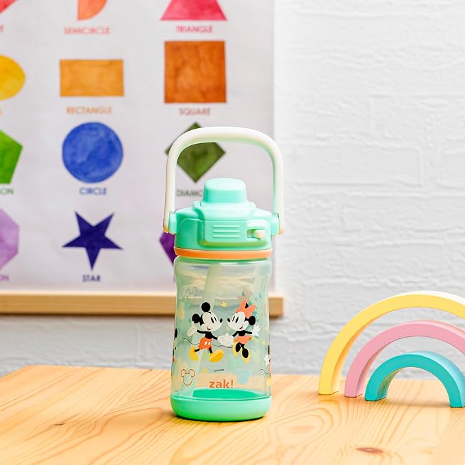 Zak Designs Disney Beacon Kid Water Bottle for Travel or At Home, 12oz Plastic is Durable and Leak-Proof with Liquid Lock Spout, Cover, Carry Handle, Protective Base (Mickey Mouse & Minnie Mouse)