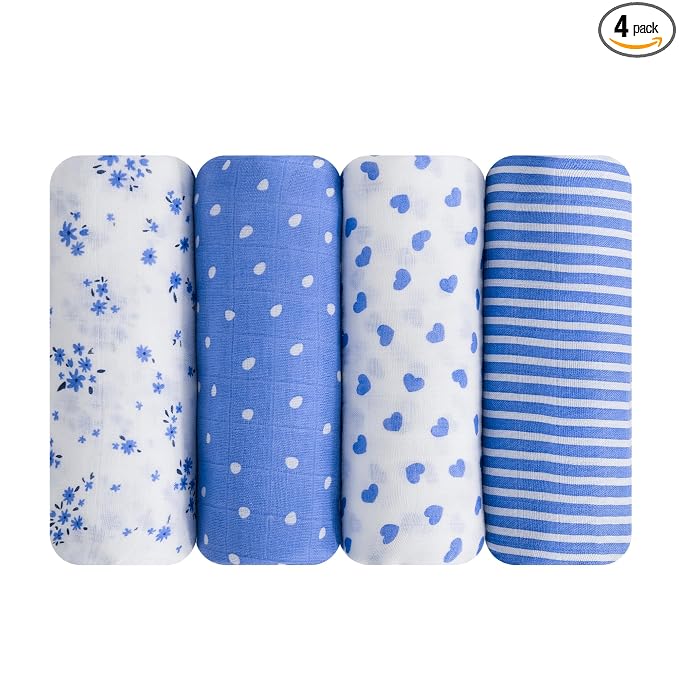 Viviland Muslin Swaddle Blanket, Baby Swaddle Blanket for Boys & Girls, Nursery Receiving Blanket for Newborn, Baby Swaddle Wrap Soft Silky & Breathable, 4 Packs, 47 X 47In, Blue Floral