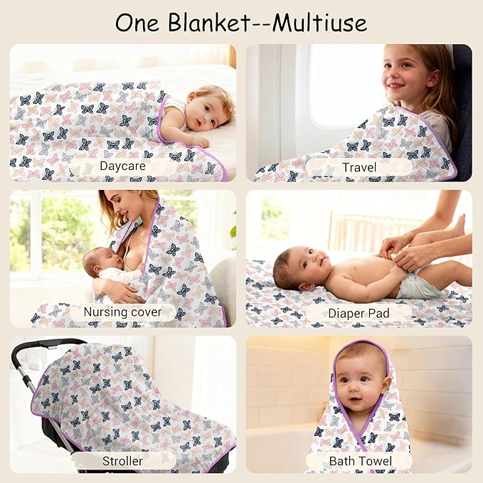 ZPECC Muslin Baby Blanket Thicker, 30x40 Organic Cotton Newborn Receiving Quilt Hypoallergenic for Baby Essentials Swaddle Crib Stroller, Butterfly