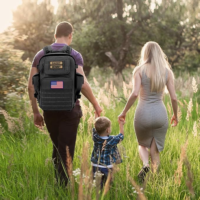 SHARKMOUTH Dad Diaper Bag for Men - Military Baby Backpack with Patches for Hiking Travel Camping Trips - Baby Shower Gifts Black