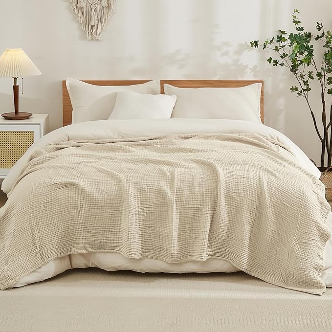 EMME Cotton Muslin King Blanket Big Oversized Bed Layering Bedspread Coverlet Beige Breathable Gauze Soft Lightweight Blankets (120"x94")
