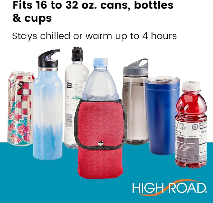 High Road Neoprene Bottle Holder and Phone Pouch for Mobility Equipment and Electric Scooters - Cup Holder for Strollers, Scooters, Rollators and Walkers, Red