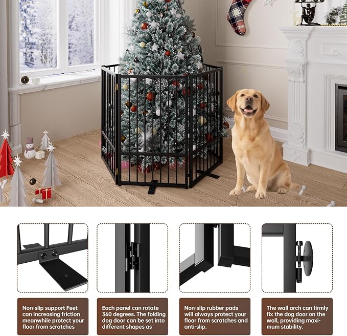 6 Panels Full Metal Freestanding Dog Gates with Door, 120” W x 32” H Folding Pet Gate Fence with Support Feet for Indoor,Stairs, Hallways and Doorways(Black)