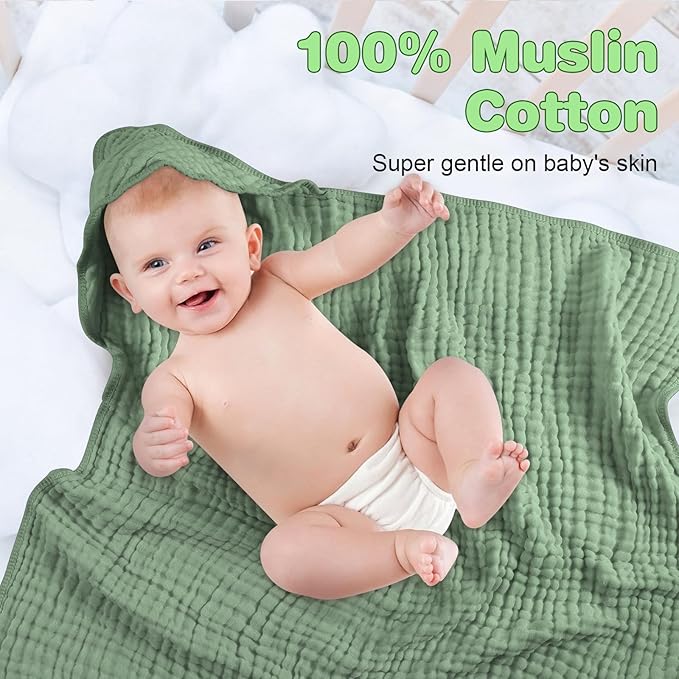 MUKIN Baby Hooded Towels, Muslin Cotton, 2-Pack, for Newborn, Infant, Toddler and Kids (White,Dark Green)