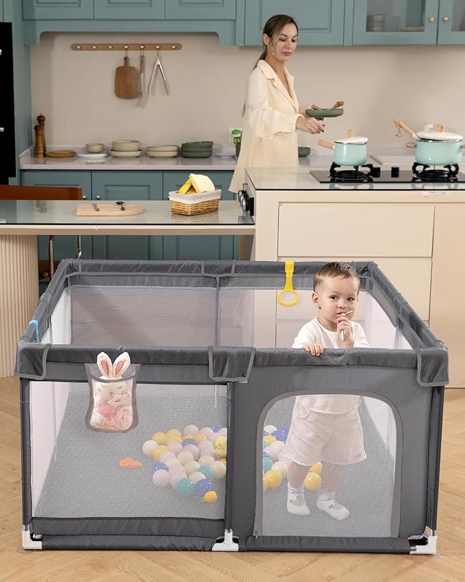 Baby Playpen with Mat, 50" x 50" Extra Large Play Yard for Babies and Toddlers, Baby Fence with Soft Thick Play Mat, Indoor Safety Activity Center for Infants, Easy to Assemble and Clean（Gray）
