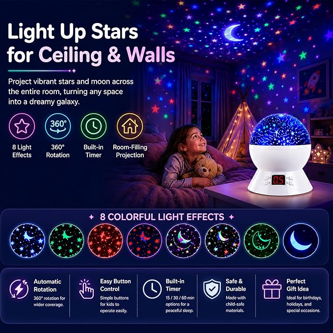 MOKOQI Star Projector Night Light for Kids, Rotating Stars Night Light Projector for Kids Bedroom, Star Projector with Timer, Light Up Stars for Ceiling, Star Machine Gift for Boys Girls Toddlers