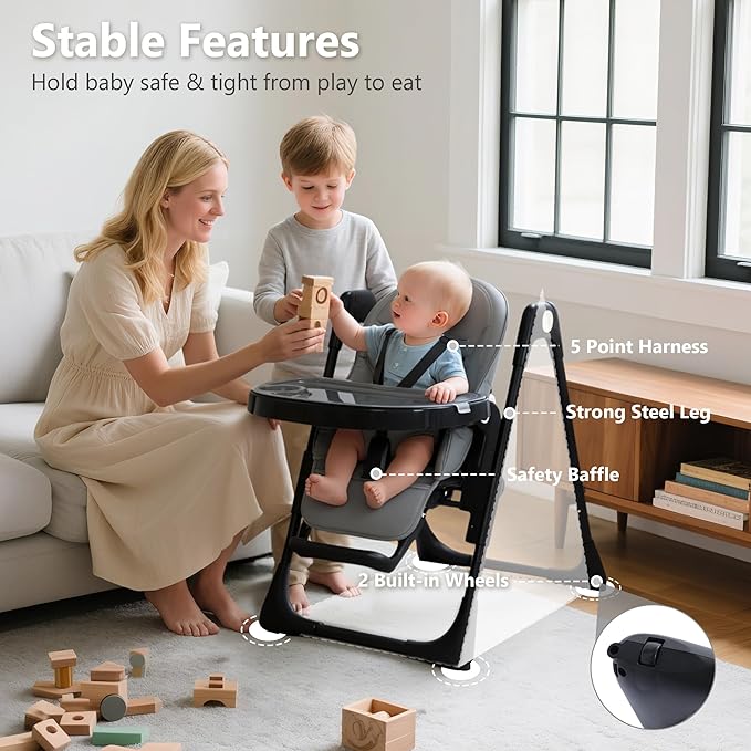Kinder King Convertible High Chair for Babies & Toddlers, Adjustable Baby Feeding High Chair with Removable Double Tray, Simple Compact Fold for Space-Saving, 2 Built-in Wheels, Easy to Clean, Gray
