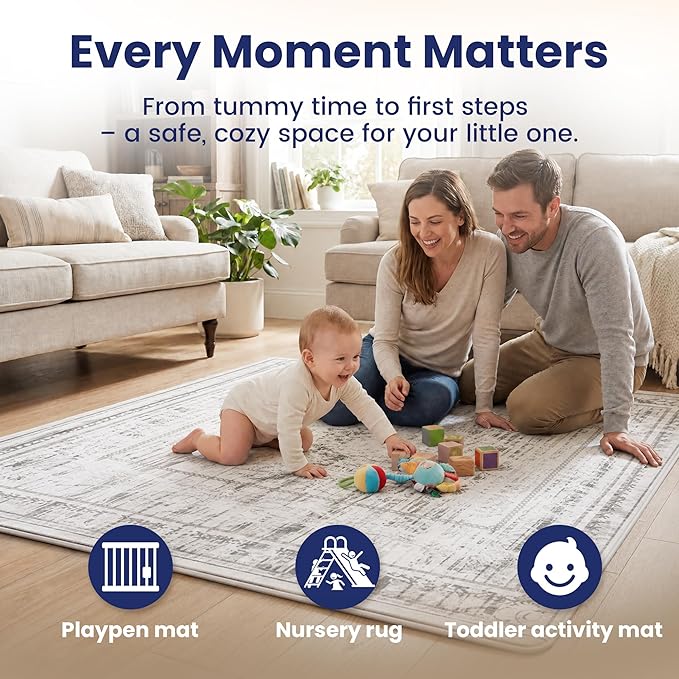 Baby Play Mat for Floor - 79x59 Inches 1.3" Thick Elasti-Foam Playpen Mat for Toddlers Infant Kids, Water-Repellent Nursery Rug, Non-Slip Backing for Crawling & Tummy Time, Grey Wash