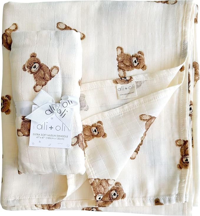Ali+Oli Muslin Swaddle Blanket for Baby (Teddy Bear) Large 47" x 47" Soft Rayon Made from Bamboo & Organic Cotton, Machine Washable Receiving Blanket Wrap for Newborn to Toddler