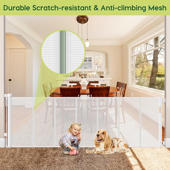 Reinforced 80 Inch Extra Wide Retractable Baby Gate with Support Rods, Indoor/Outdoor Retractable Pet Gates for Wide Openings, 33??Tall Mesh Dog Gate Indoor Extra Long Baby Gates for Decks, White