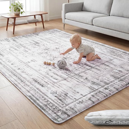 Huloo Sleep Baby Play Mat for Floor - 79x158 Inches 1.3" Thick Elasti-Foam Playpen Mat for Toddlers Infant Kids, Water-Repellent Nursery Rug, Non-Slip Backing for Crawling & Tummy Time, Grey Wash