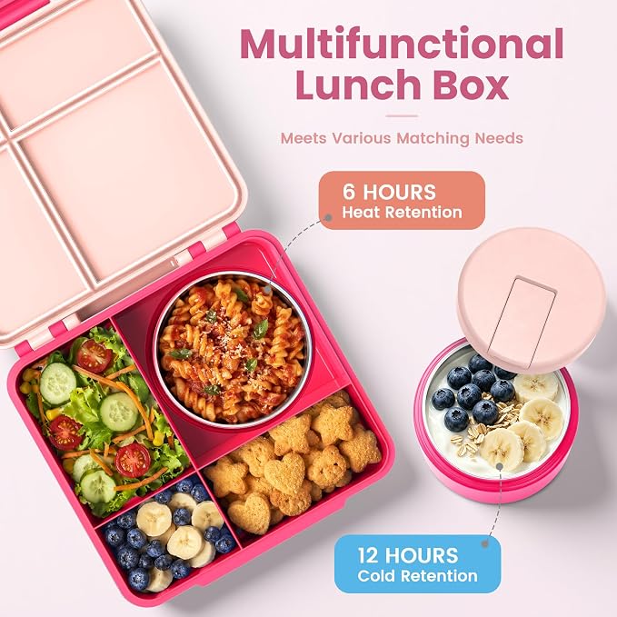 LOHASOK Bento Lunch Box Kids with 8oz Soup Thermo, Leak-Proof Lunch Containers with 4 Compartment, Thermo Hot Food Jar and Insulated Lunch Box for School Pink