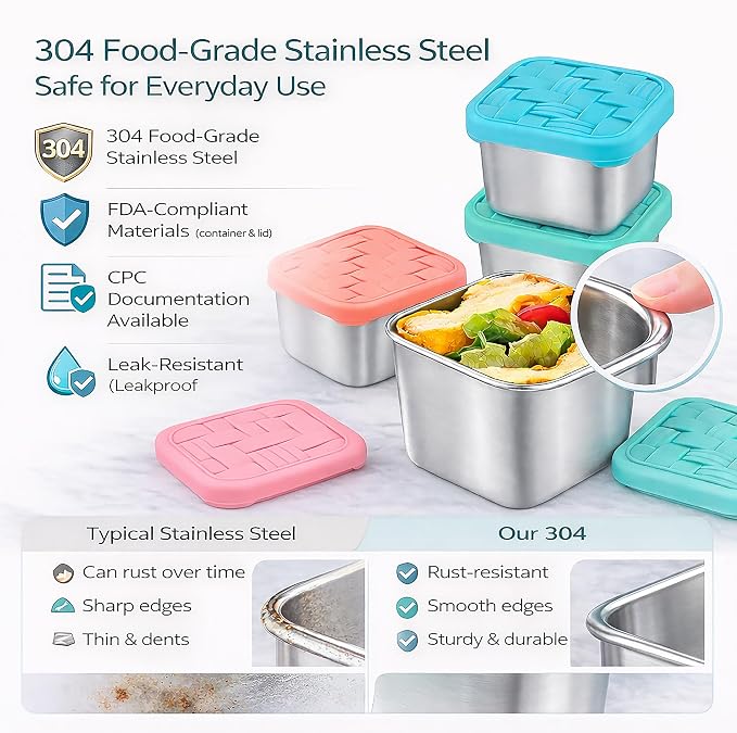 8PC 6oz Stainless Steel Snack Containers with lids, BPA-Free Metal Kids Snack Cups with Fork and Spoon, Leakproof Lunch Box Containers，Resuable Baby Food Storage Bowl