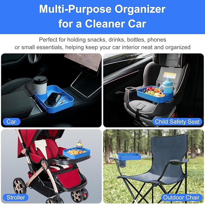 Car Seat Snack Tray for Kids, Mess-Free Square Travel Tray Cup Holder Snack Tray, Durable Car Food Tray for Toddlers, Universal Fit Kids Travel Road Trip Essentials (blue)