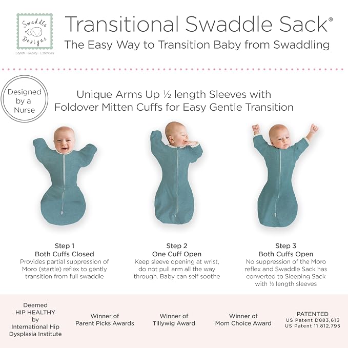 SwaddleDesigns 6-9 Mo Baby Sleep Set, Teal and Watercolor Mountains & Trees, Transitional Swaddle Sack with Arms Up Half-Length Sleeves & Mitten Cuffs and Softest Cotton Muslin Crib Sheet