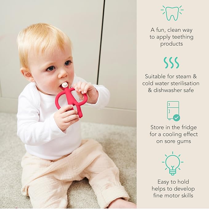 Matchstick Monkey Original Teether & Gel Applicator ??Silicone Baby Teether, Easy-to-Grip, BPA-Free, Supports Self-Soothing & Early Brushing, 3 Months+, 4 Inches, Rubine Red