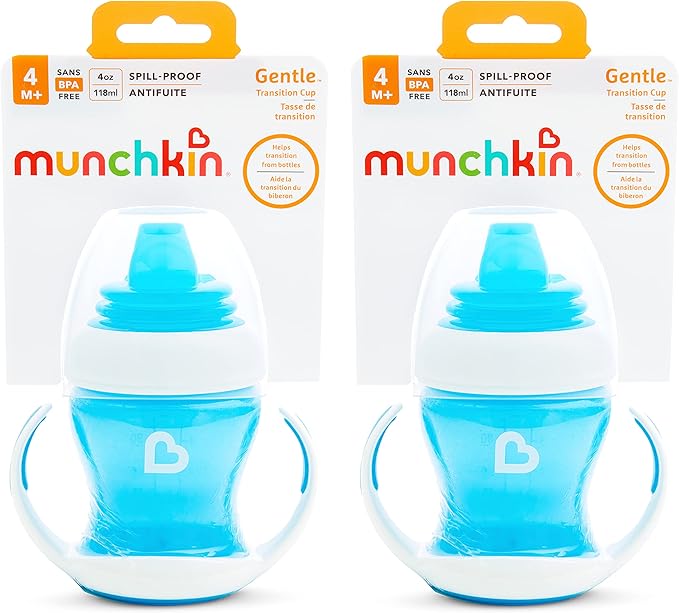 Munchkin Gentle Transition Baby Sippy Cup, Baby's First Sippy - Helps Babies & Toddlers Transitioning from Bottles to Cups, Spill Proof, 4 Months & Up, 4 Ounce, 2 Pack, Blue