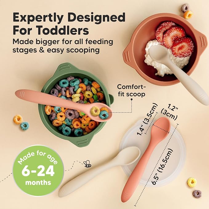 KeaBabies 6-Pack Silicone Baby Spoons and 3-Pack Suction Plates with Lids - Toddler First Food Training Spoon, 100% Silicone Suction Plates with Lids for Babies