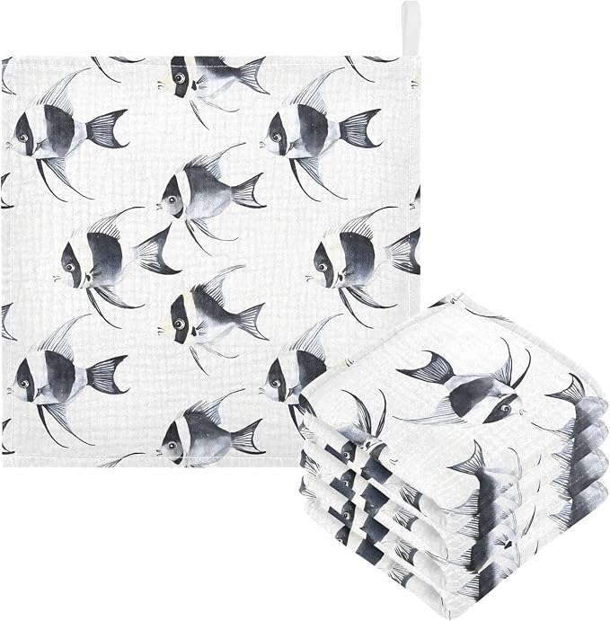 vvfelixl Black and White Angelfish Baby Burp Cloths Baby Muslin Washcloths for Boys Girls Cotton Babys Face Towel for Newborn Infants Soft and Absorbent 11.8 X 11.8 in, 5 Pack