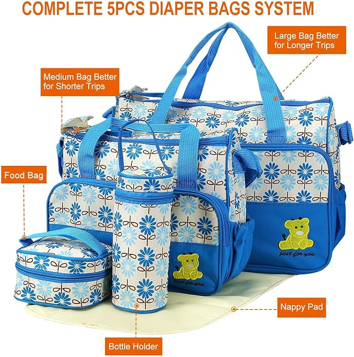 5-Pack Mummy Diaper Shoulder Bag Set w/Changing Pad ??Large Water-Resistant Nappy Bag with Insulated Pockets