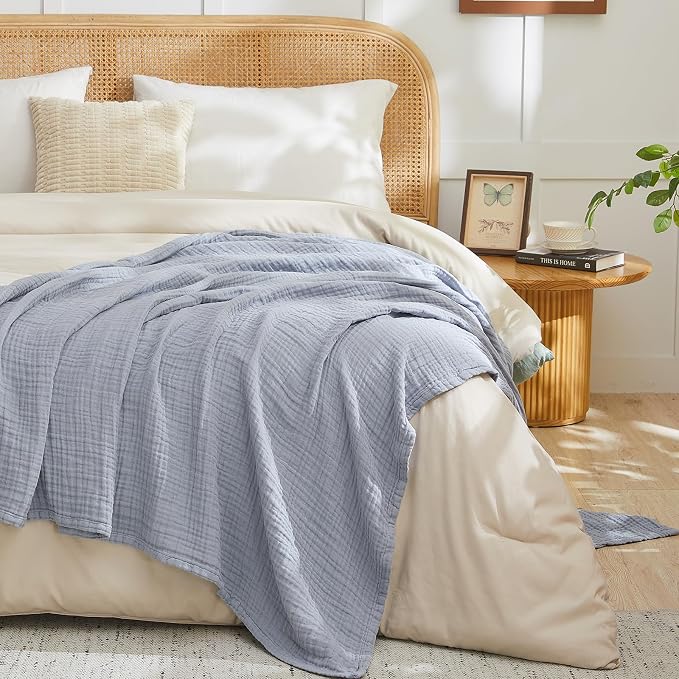 EMME Cotton Muslin Large Throw Blanket Couch Breathable Gauze Blanket Soft Lightweight Bed Blankets Adults (Dusty Blue, 50"x71")