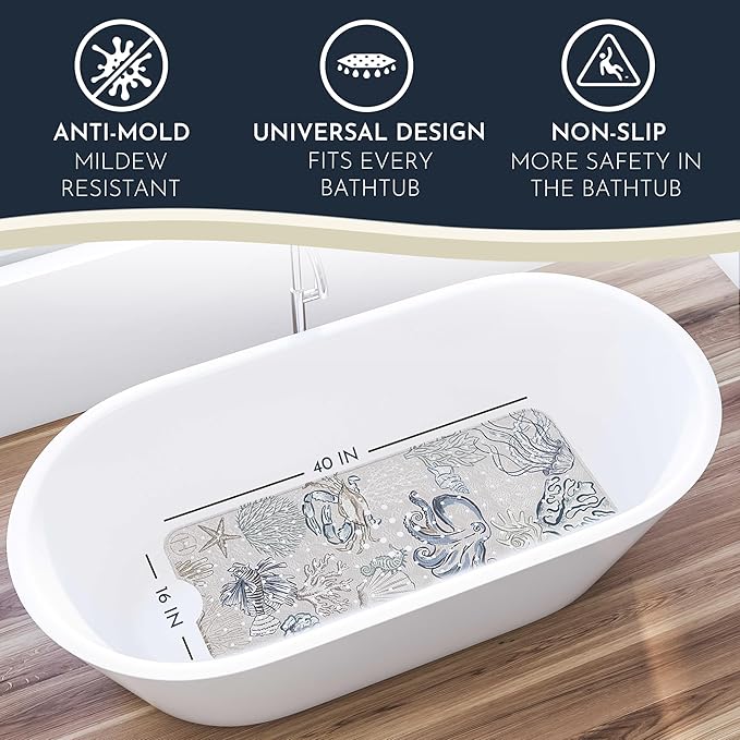Bathtub Mat Non Slip Anti Mold for Kids 40x16 - homerella® Bath Mat for Tub, BPA Free, Incl. 2 Hooks, Washable Shower Mat Non Slip Anti Mold, Shower Mats for Inside Shower, EU Certified